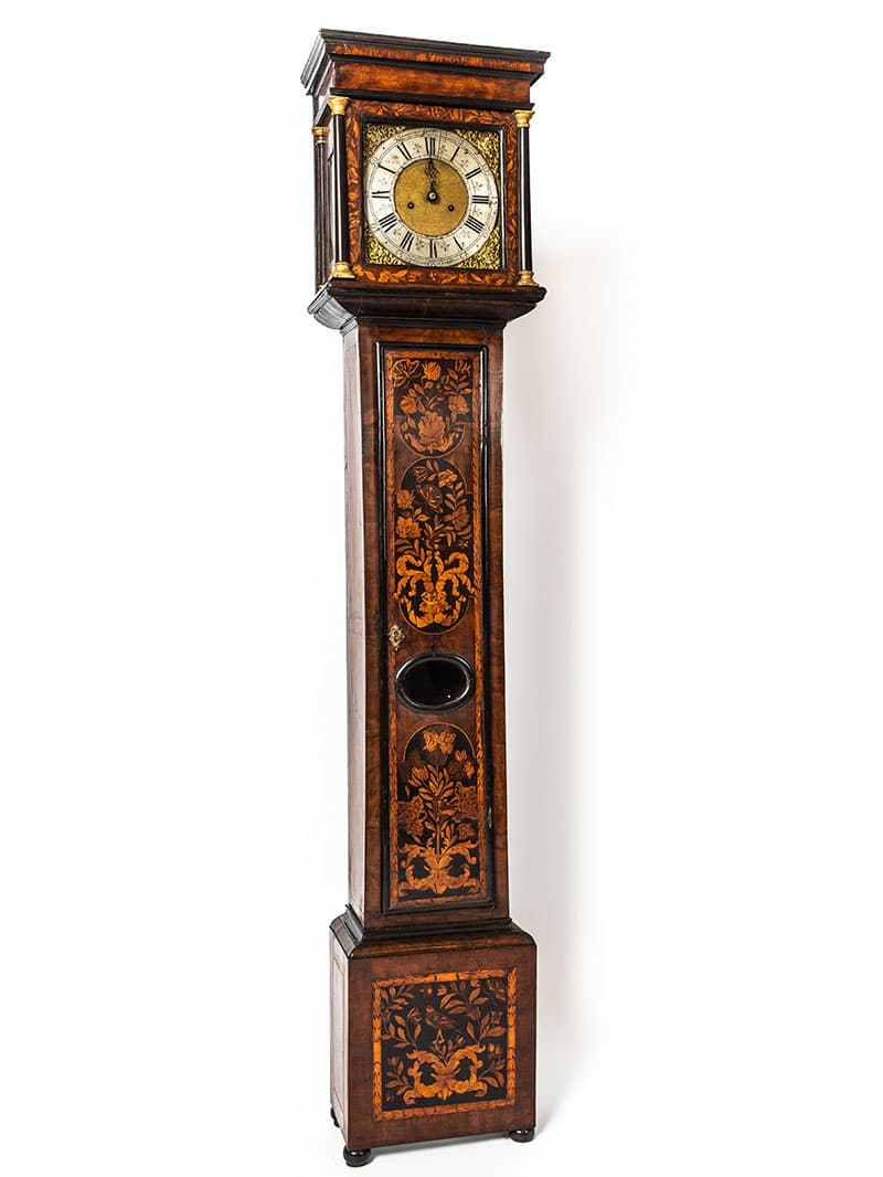 a longcase clock after furniture restoration treatment in the Plowden & Smith furniture restoration studio