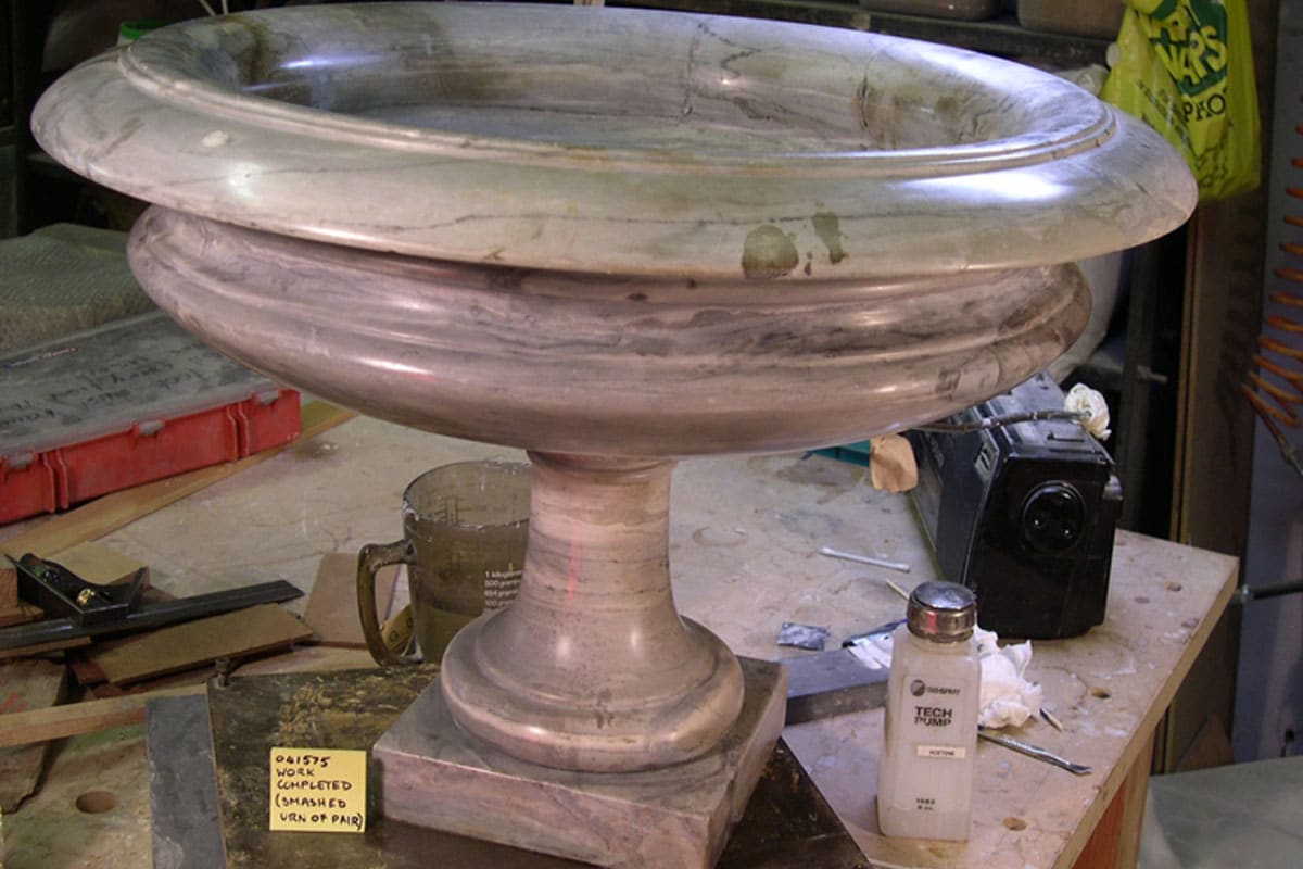 smashed marble urn during stone restoration treatment at Plowden & Smith